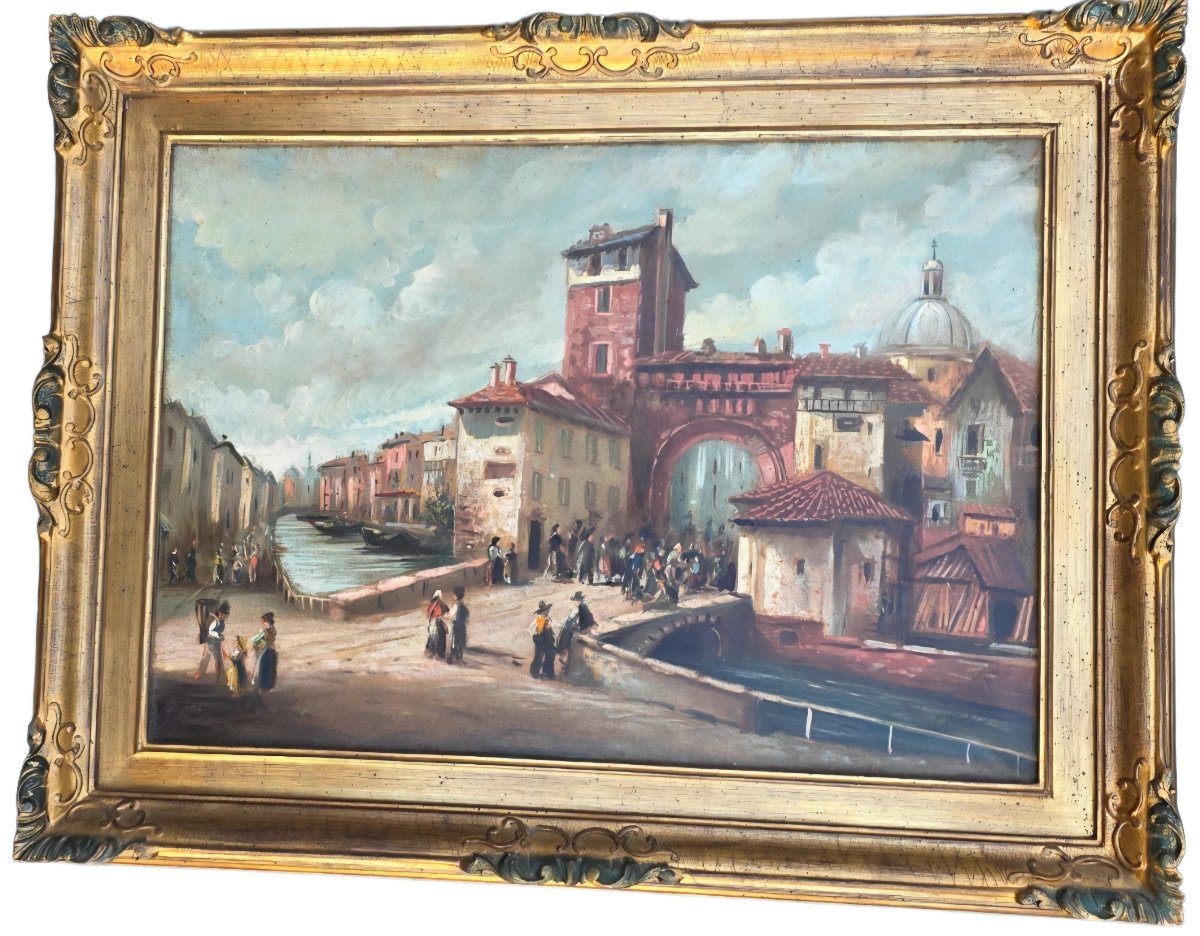 Italian School Milan Landscape Animated Characters Door Ticenese In Milan