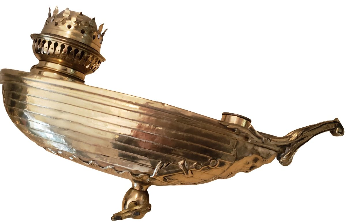 Marine Petroleum Lamp With Boat Decor In Brass And Brass 19th Century-photo-3