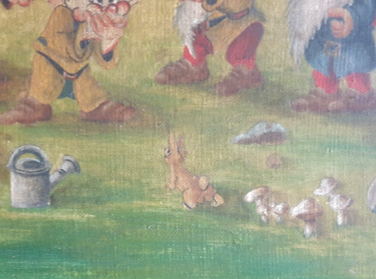 Huile sur toile Walt Disney les sept nains blanches neige circa 1940/1950 -photo-2