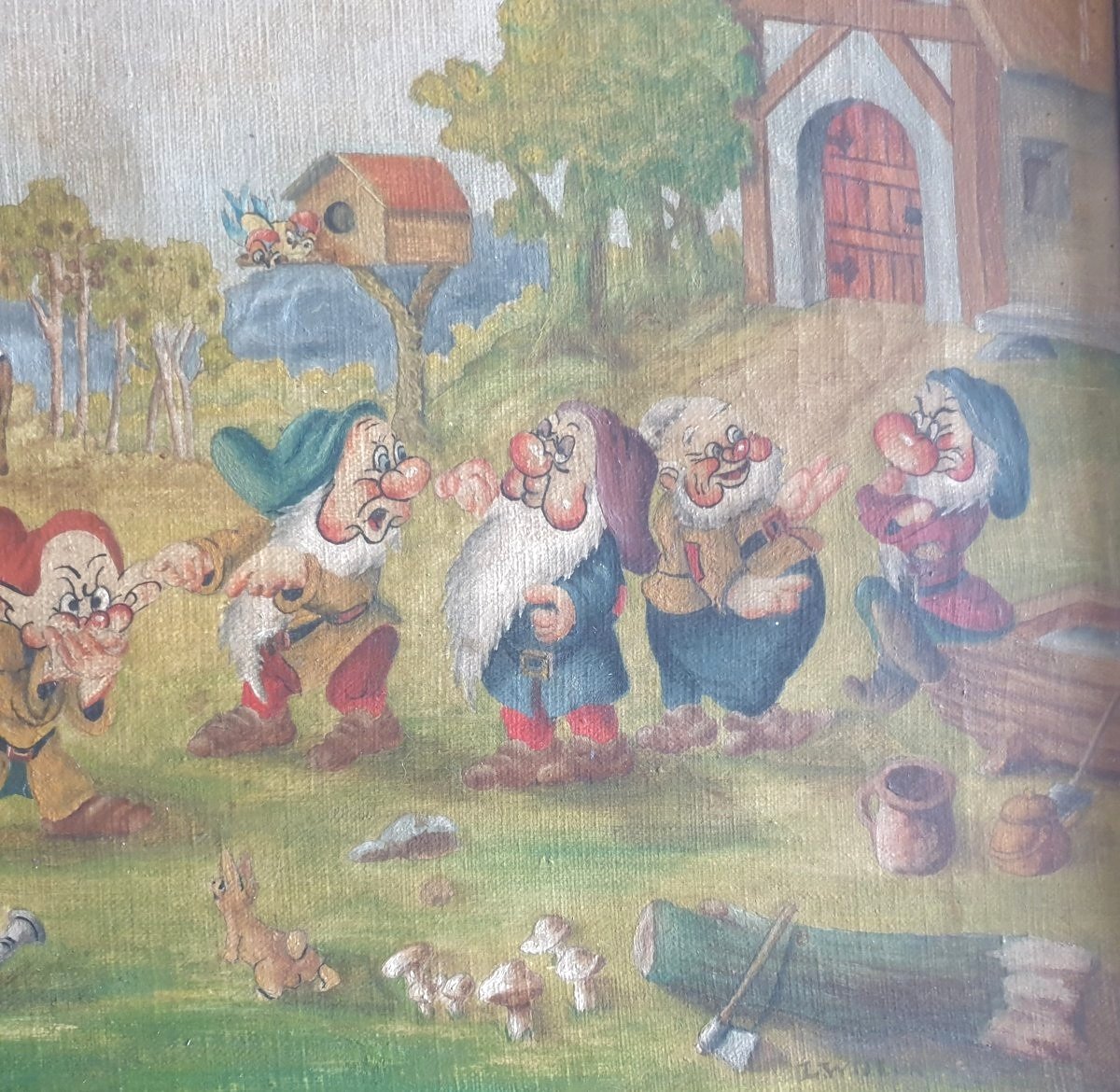 Huile sur toile Walt Disney les sept nains blanches neige circa 1940/1950 -photo-3