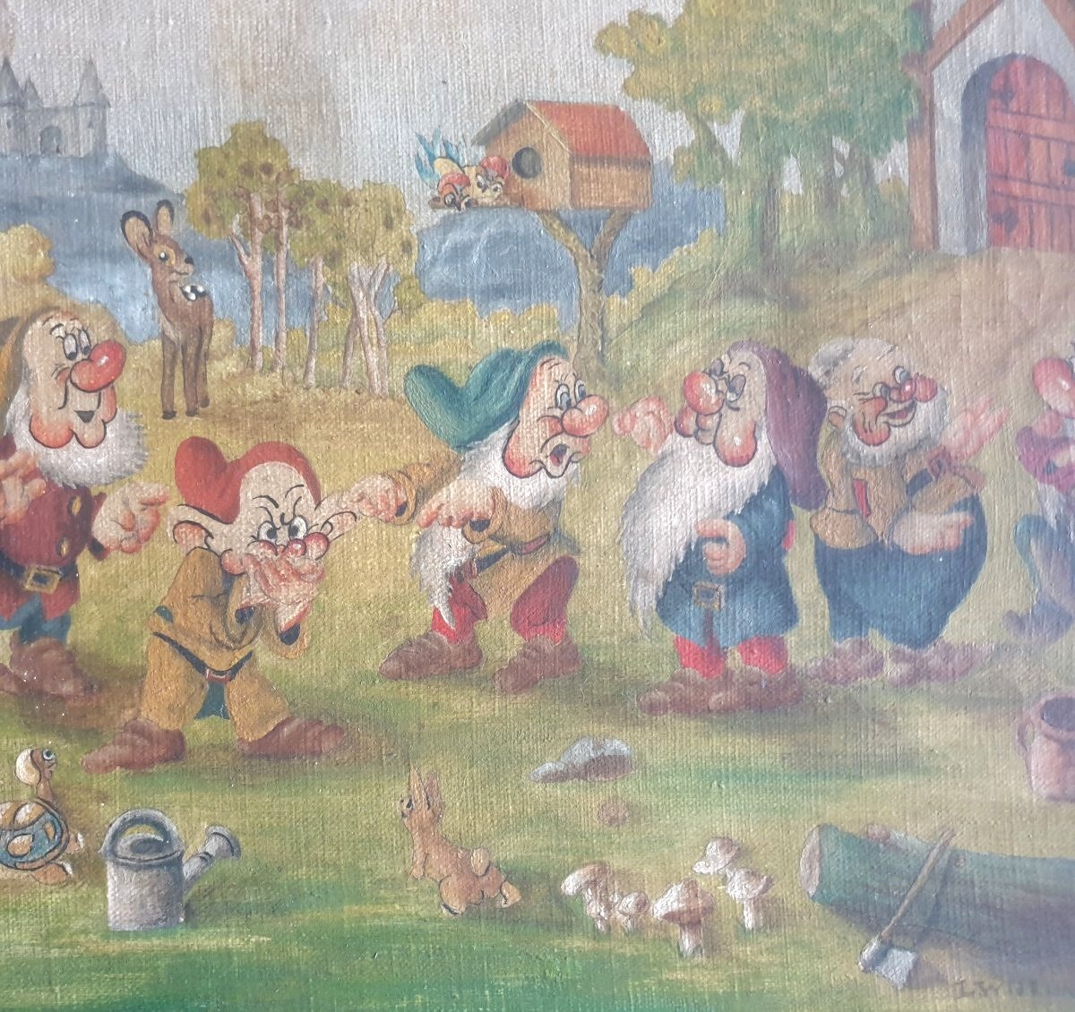 Huile sur toile Walt Disney les sept nains blanches neige circa 1940/1950 -photo-5