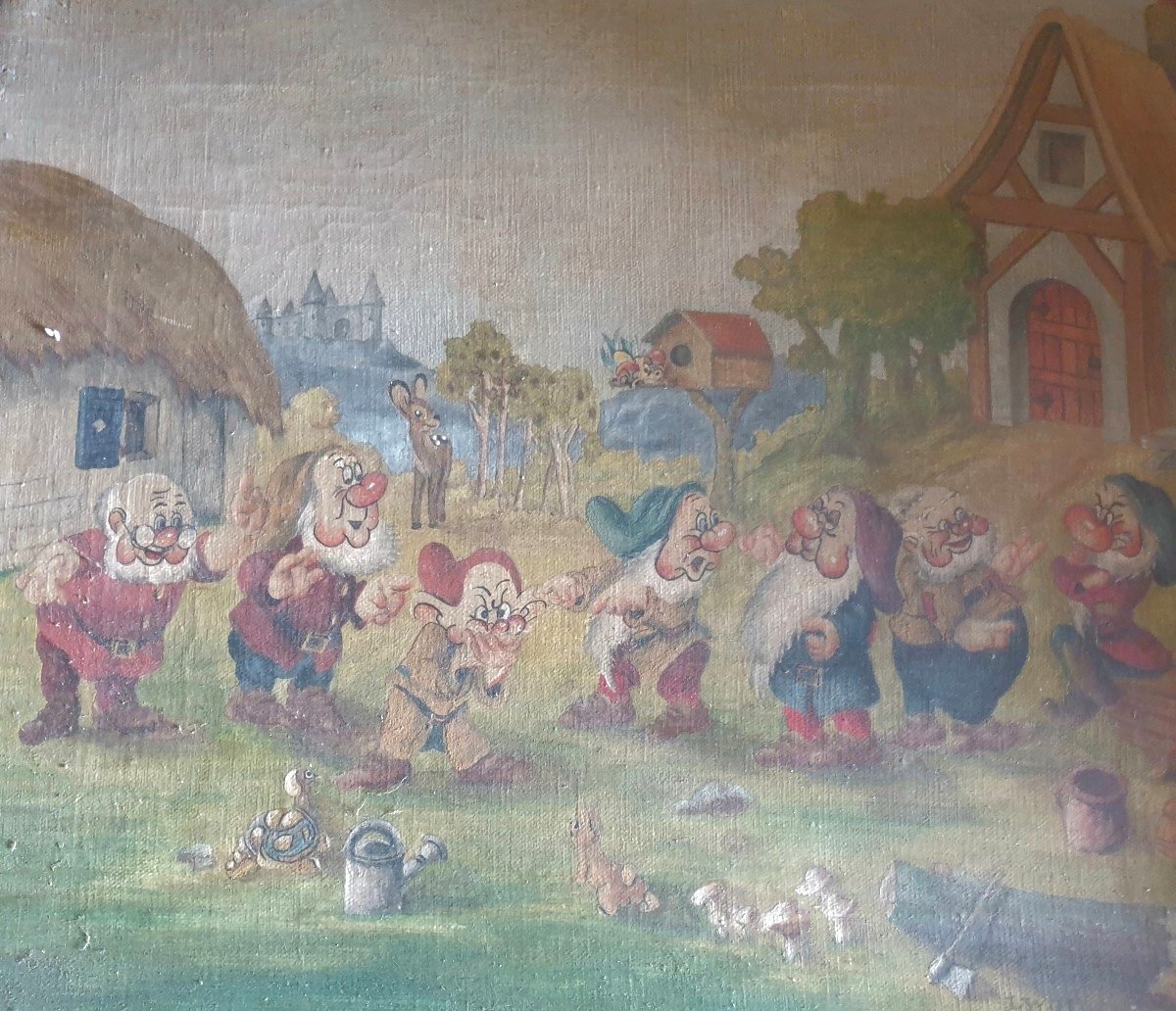 Huile sur toile Walt Disney les sept nains blanches neige circa 1940/1950 