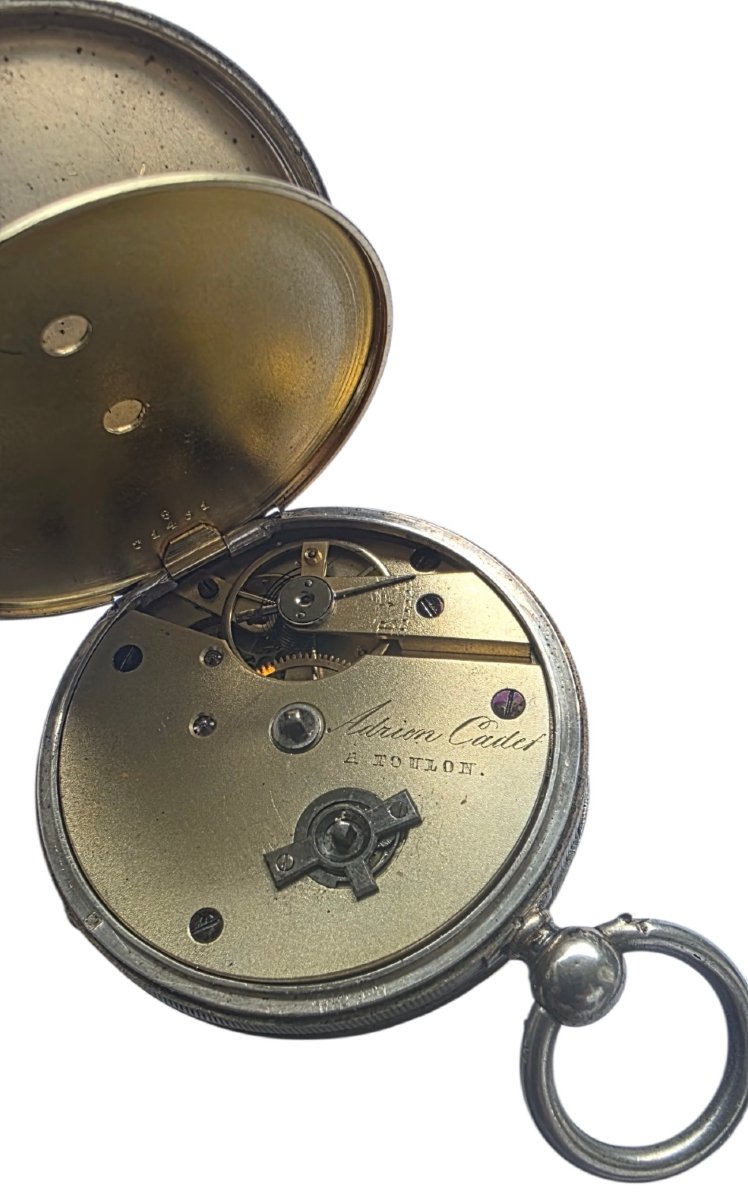 Solid Silver Gousset Watch Adriam Cadet A Toulon XIXth Century-photo-4