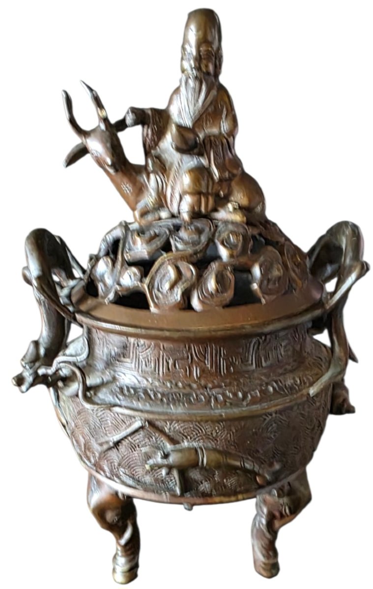 Brule parfum chine en bronze médaille XIXeme Hauteur 35 cm-photo-2