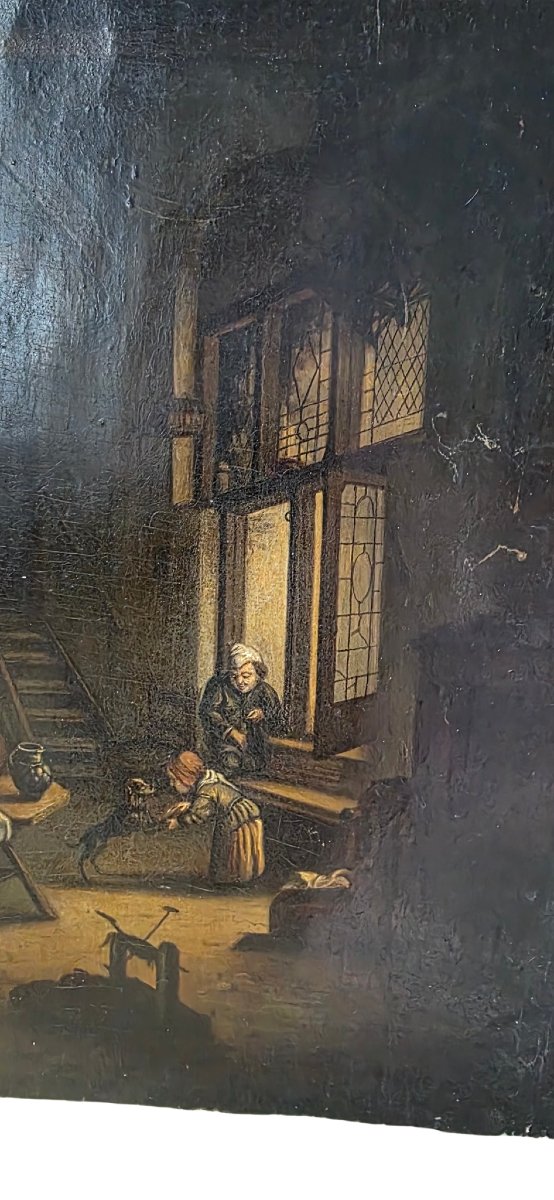 Teniers Oil On Oak Panel 18th Century Interior Scene-photo-1