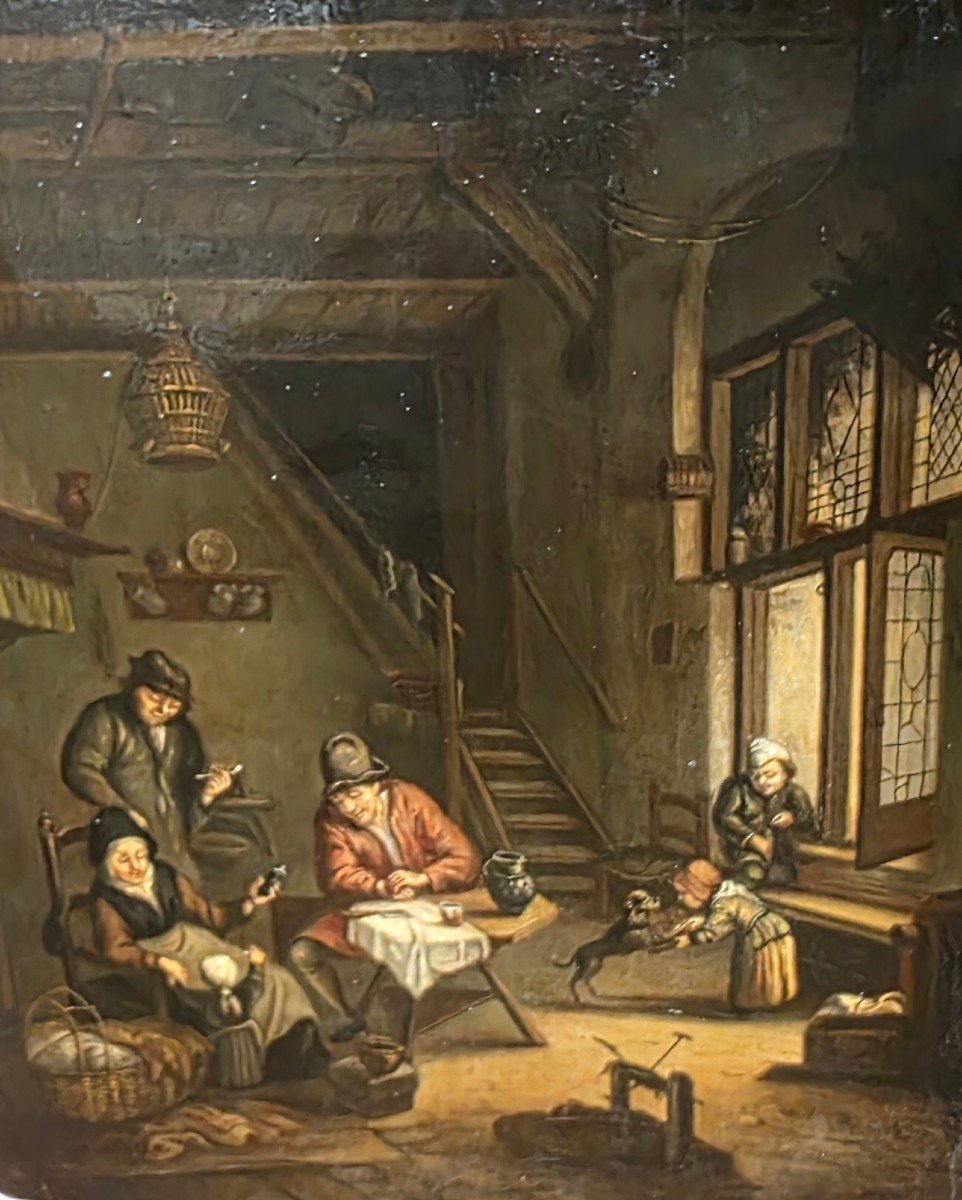 Teniers Oil On Oak Panel 18th Century Interior Scene