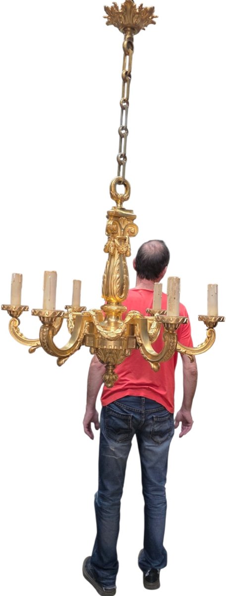 Lustre Bronze Doré  Beurdeley Louis XVI  Napoléon III 6 bras lumières 50kg-photo-2