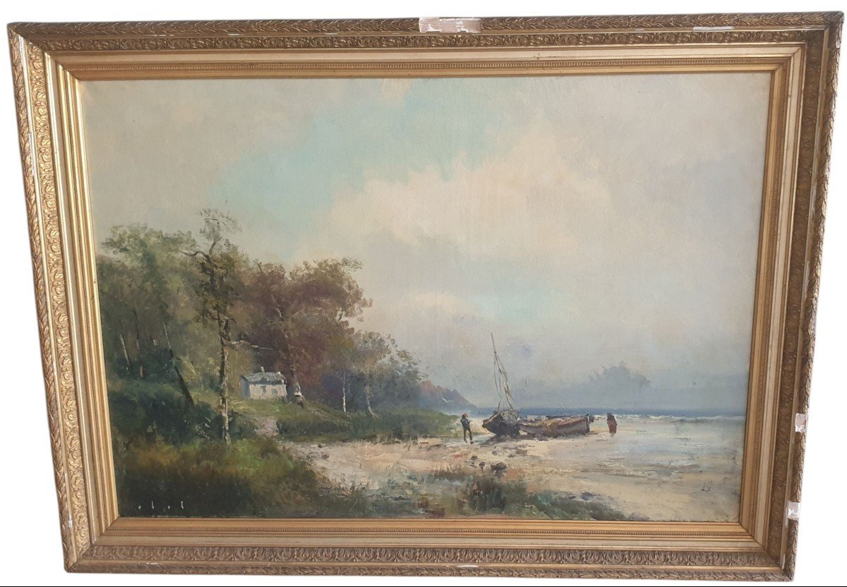 Huge Oil On Canvas Marine Beach Probably Normandy 133cm X 98 Cm-photo-4