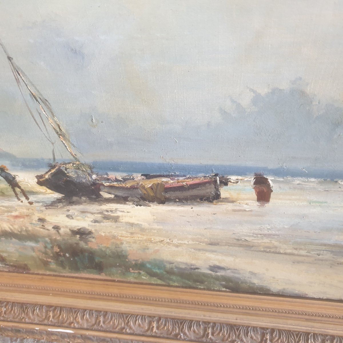 Huge Oil On Canvas Marine Beach Probably Normandy 133cm X 98 Cm-photo-3