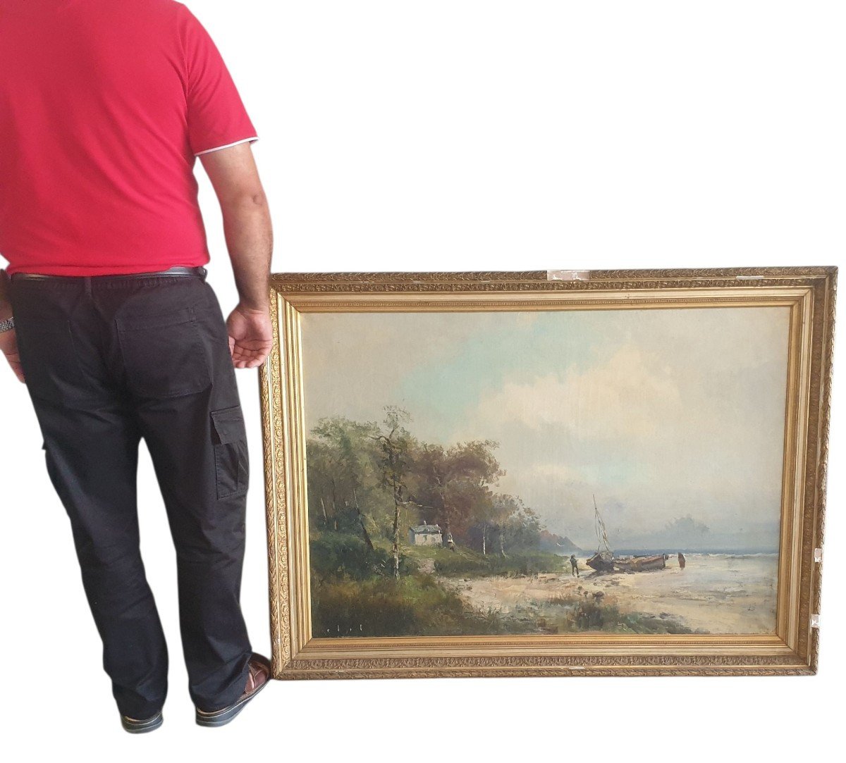 Huge Oil On Canvas Marine Beach Probably Normandy 133cm X 98 Cm-photo-5
