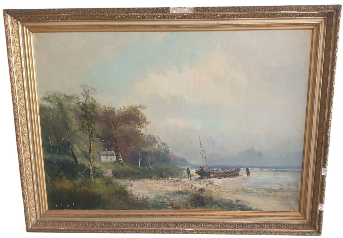 Huge Oil On Canvas Marine Beach Probably Normandy 133cm X 98 Cm