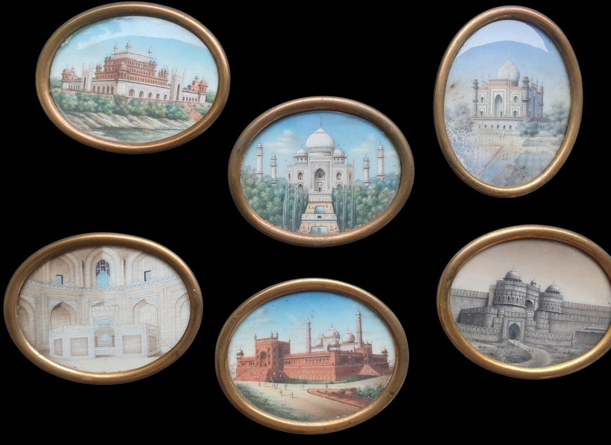 Exceptional ensemble de six miniatures de l'École de la Compagnie Inde époque Moghole  Raj Brit