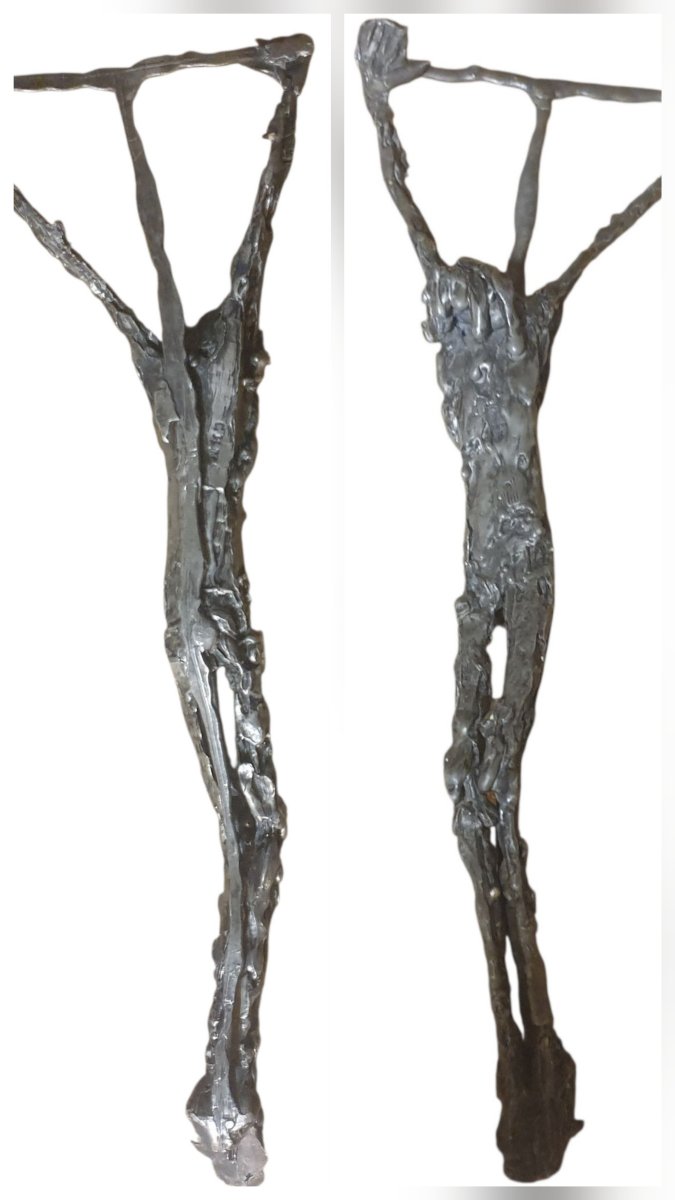 Christ en croix dans le goût de Germaine Richier Sculpture expressionniste Plomb Monograme CHM-photo-2