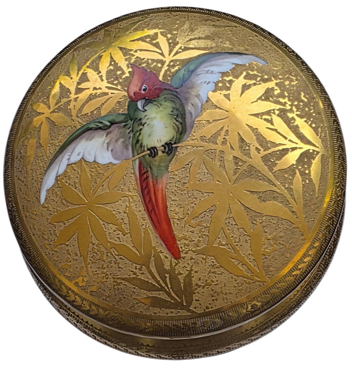Large Limoges Porcelain Candy Dish By Paulhat, Featuring An Exotic Parrot Design On A Gold Background -photo-2