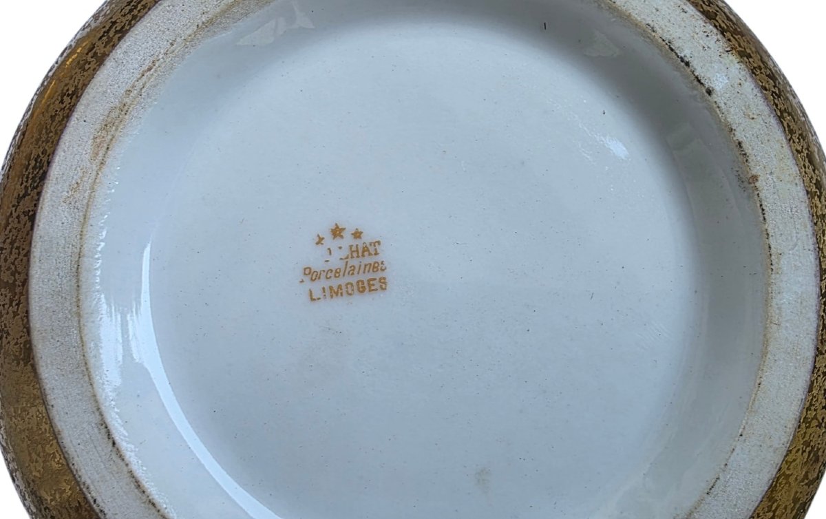Large Limoges Porcelain Candy Dish By Paulhat, Featuring An Exotic Parrot Design On A Gold Background -photo-3