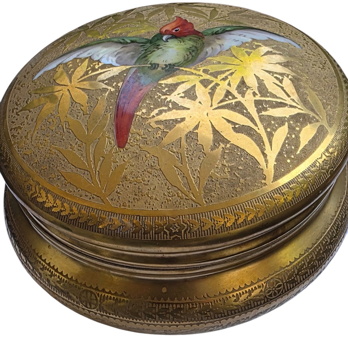 Large Limoges Porcelain Candy Dish By Paulhat, Featuring An Exotic Parrot Design On A Gold Background -photo-4
