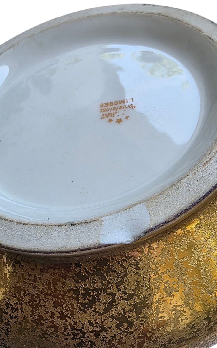 Large Limoges Porcelain Candy Dish By Paulhat, Featuring An Exotic Parrot Design On A Gold Background -photo-5
