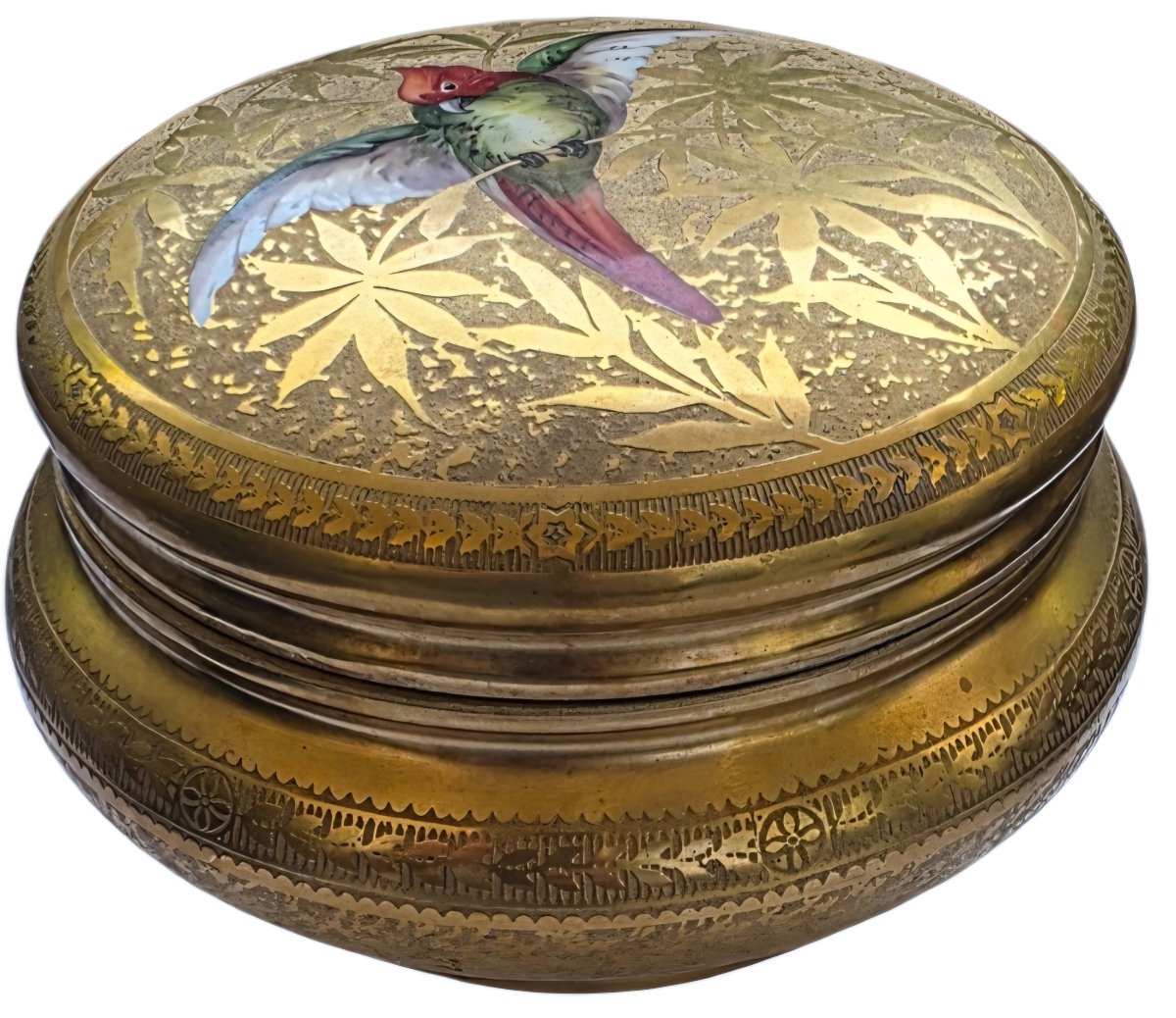 Large Limoges Porcelain Candy Dish By Paulhat, Featuring An Exotic Parrot Design On A Gold Background 