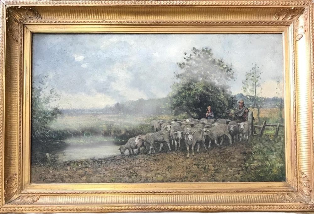 Charles Ferdinand Ceramano le Retour du Troupeau Huile sur toile École de Barbizon