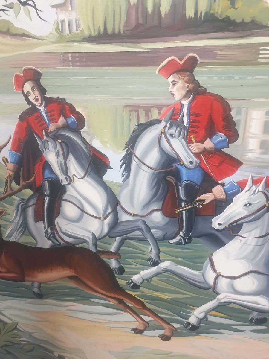 HST ECOLE FRANÇAISE SCÈNE DE CHASSE À COURRE 195 cm X 165 cm circa 1950 -photo-3