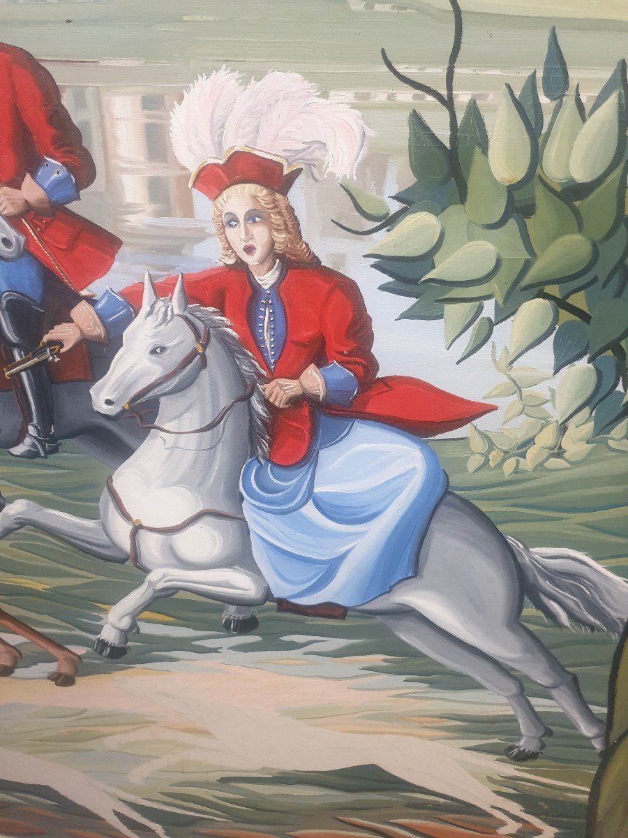 HST ECOLE FRANÇAISE SCÈNE DE CHASSE À COURRE 195 cm X 165 cm circa 1950 -photo-4