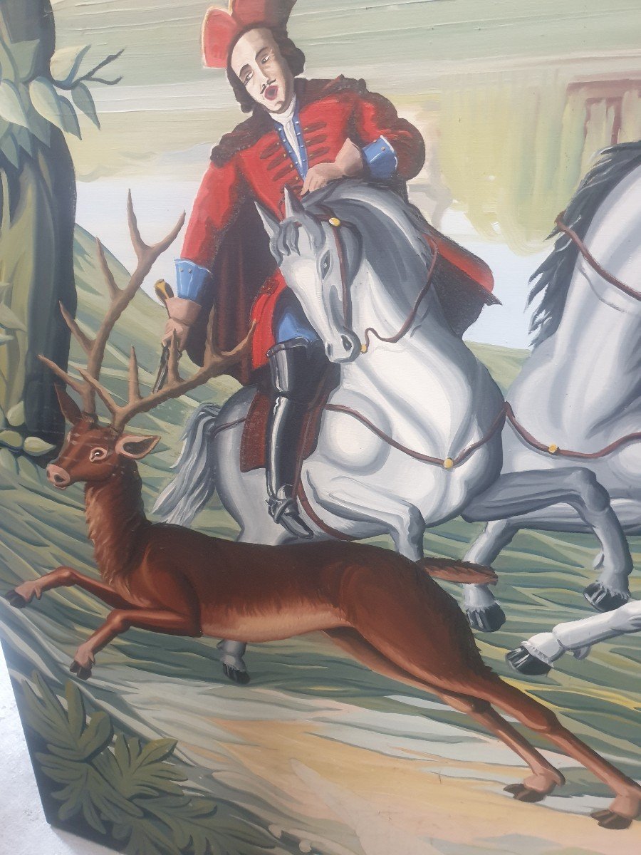 HST ECOLE FRANÇAISE SCÈNE DE CHASSE À COURRE 195 cm X 165 cm circa 1950 -photo-3