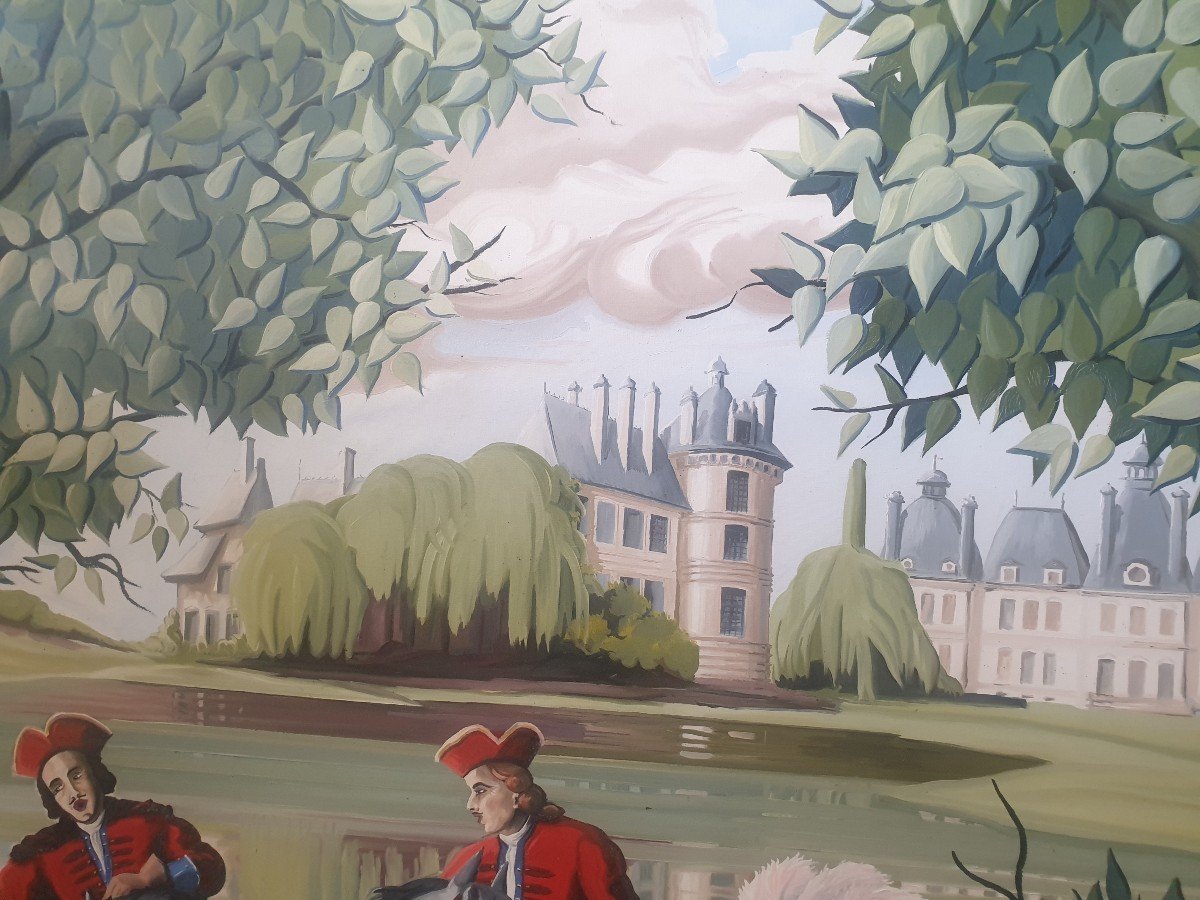 HST ECOLE FRANÇAISE SCÈNE DE CHASSE À COURRE 195 cm X 165 cm circa 1950 -photo-4