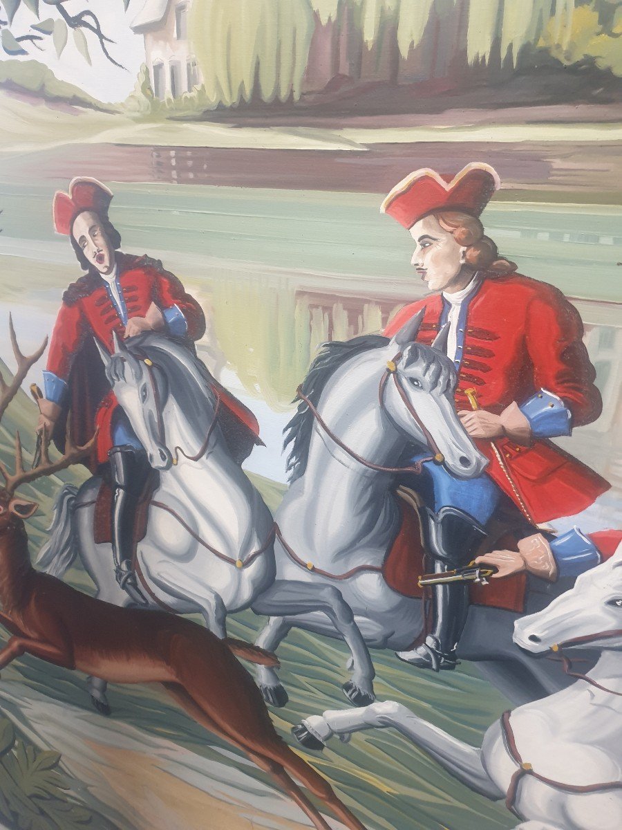 HST ECOLE FRANÇAISE SCÈNE DE CHASSE À COURRE 195 cm X 165 cm circa 1950 -photo-5