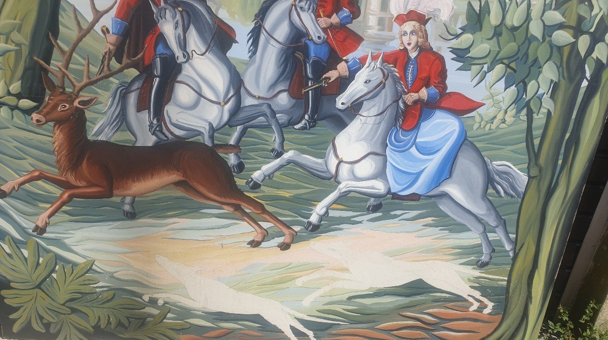 HST ECOLE FRANÇAISE SCÈNE DE CHASSE À COURRE 195 cm X 165 cm circa 1950 -photo-6