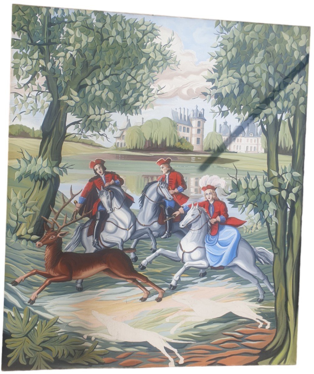 HST ECOLE FRANÇAISE SCÈNE DE CHASSE À COURRE 195 cm X 165 cm circa 1950 