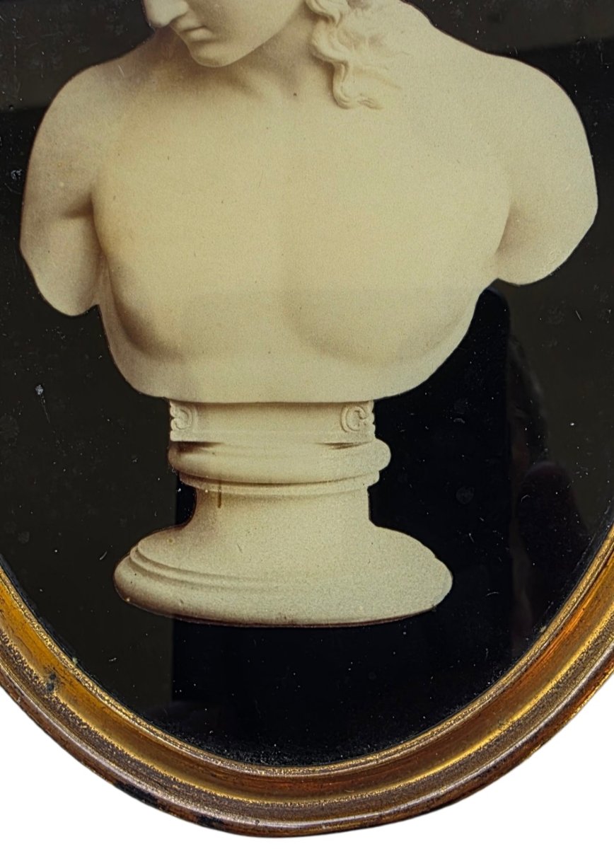 Gravure ovale ancienne XIXe 16x11,5 cm Buste d’Éros d'après Praxitèle Cadre laiton doré-photo-3