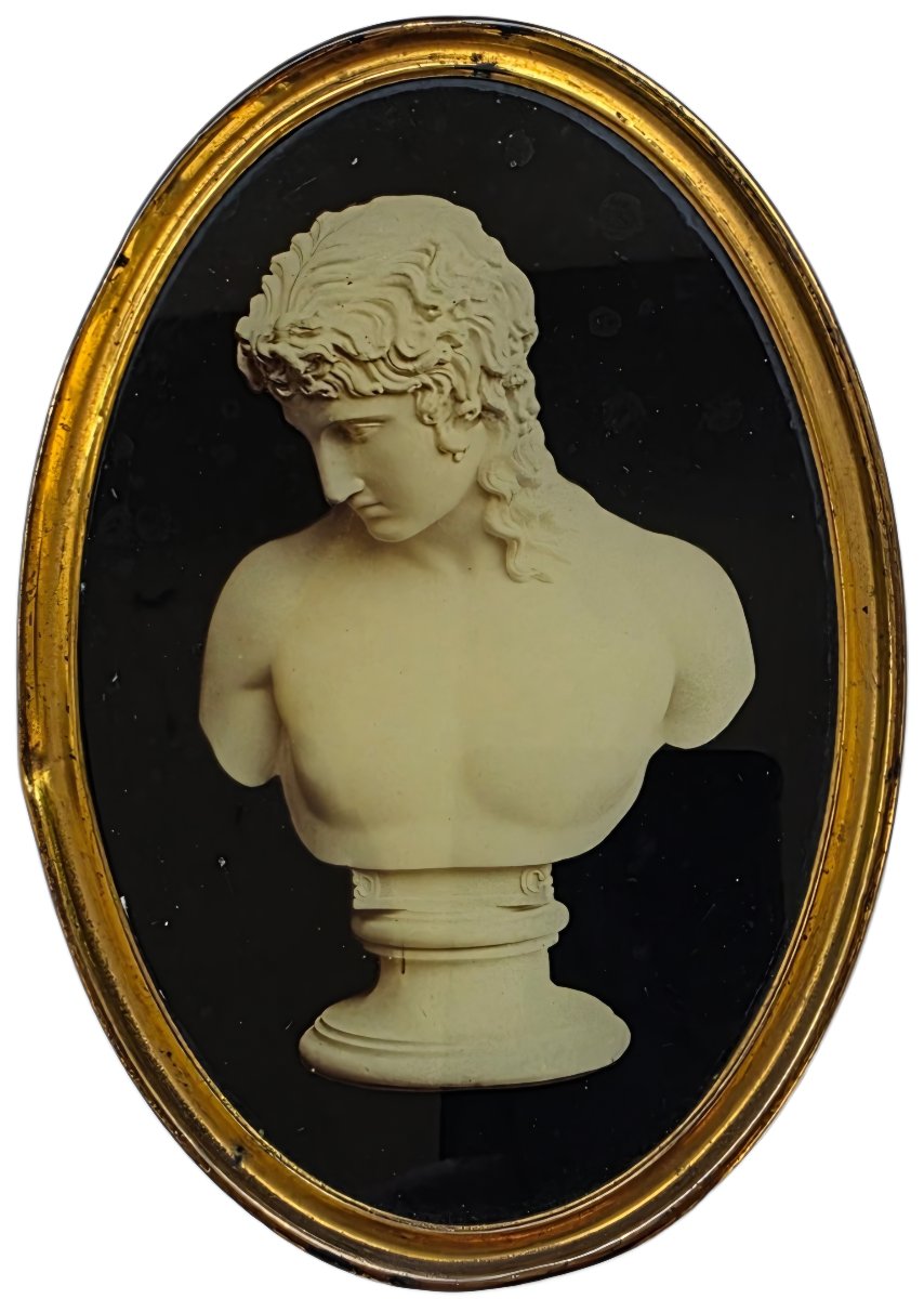 Gravure ovale ancienne XIXe 16x11,5 cm Buste d’Éros d'après Praxitèle Cadre laiton doré