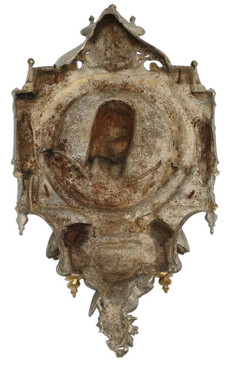 Important Christ-themed Holy Water Font, Silver- And Gold-plated Bronze Wall Sconce Attributed To The Poussielgue House--photo-2