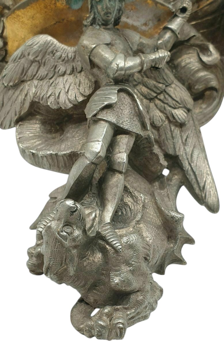 Important Christ-themed Holy Water Font, Silver- And Gold-plated Bronze Wall Sconce Attributed To The Poussielgue House--photo-3