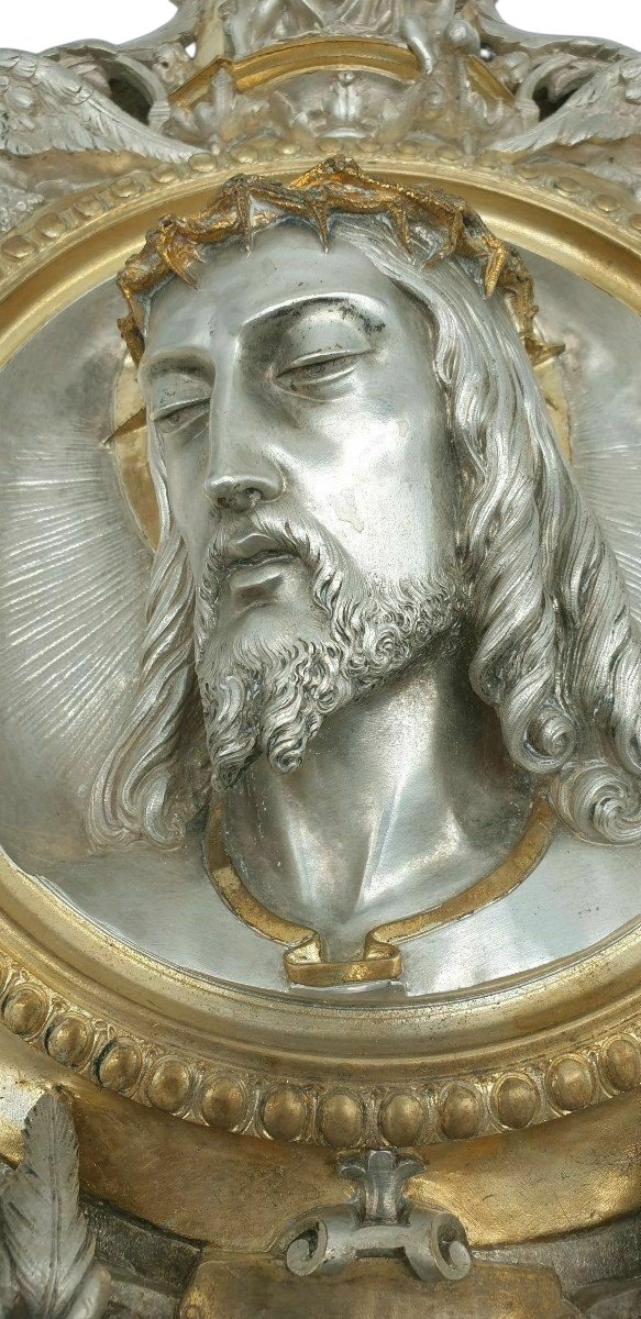 Important Christ-themed Holy Water Font, Silver- And Gold-plated Bronze Wall Sconce Attributed To The Poussielgue House--photo-4
