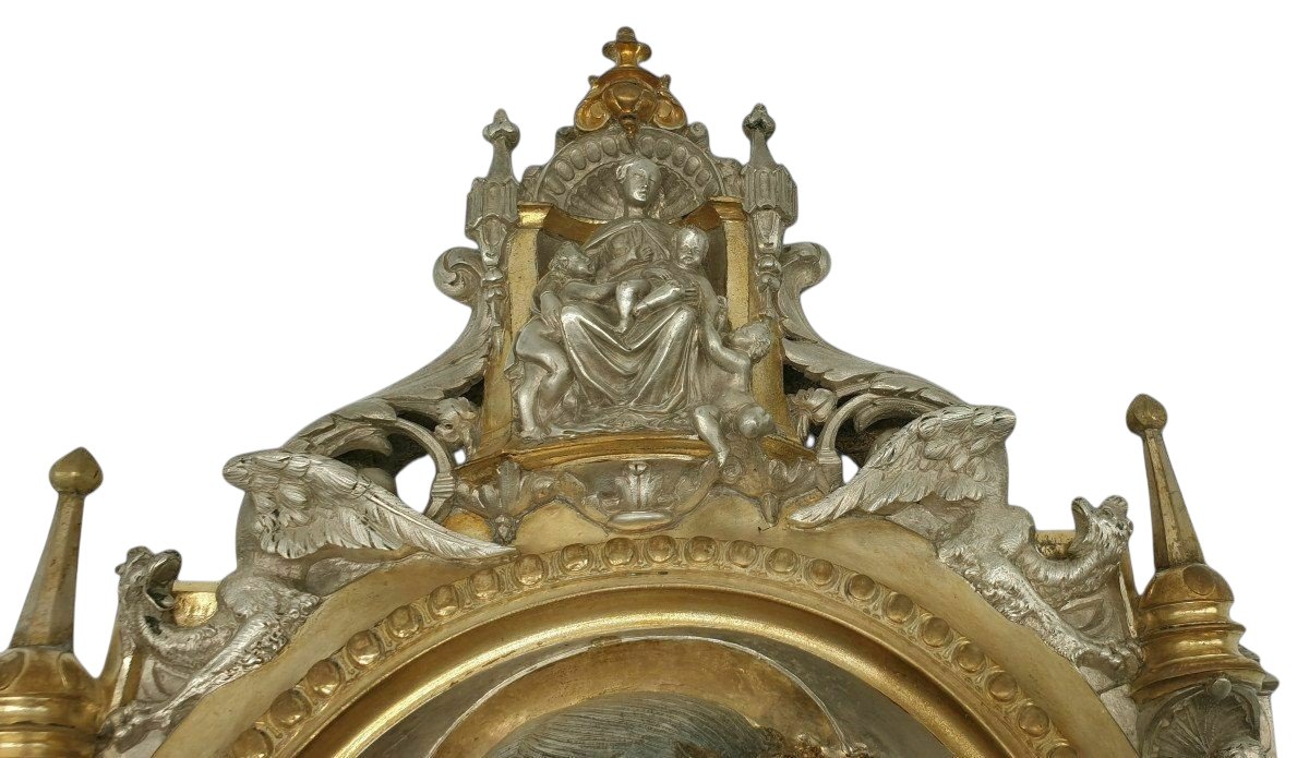 Important Christ-themed Holy Water Font, Silver- And Gold-plated Bronze Wall Sconce Attributed To The Poussielgue House--photo-2