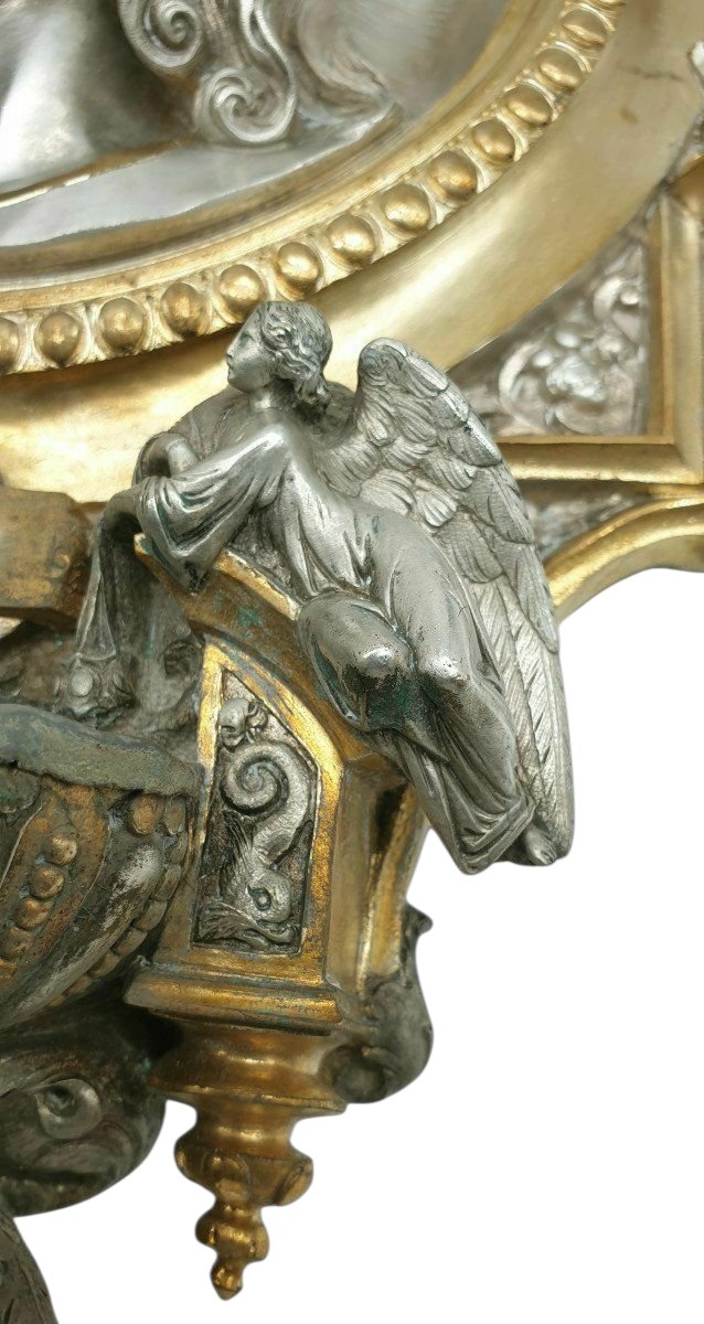 Important Christ-themed Holy Water Font, Silver- And Gold-plated Bronze Wall Sconce Attributed To The Poussielgue House--photo-5
