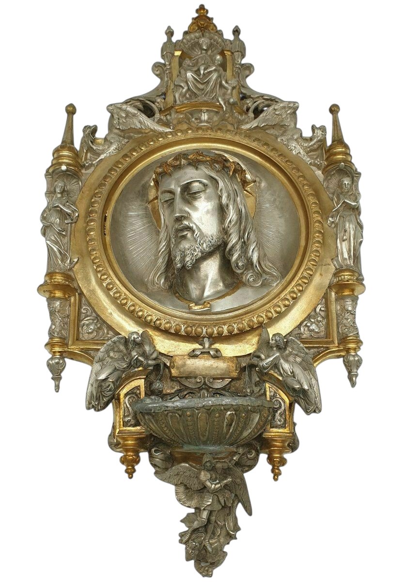 Important Christ-themed Holy Water Font, Silver- And Gold-plated Bronze Wall Sconce Attributed To The Poussielgue House-