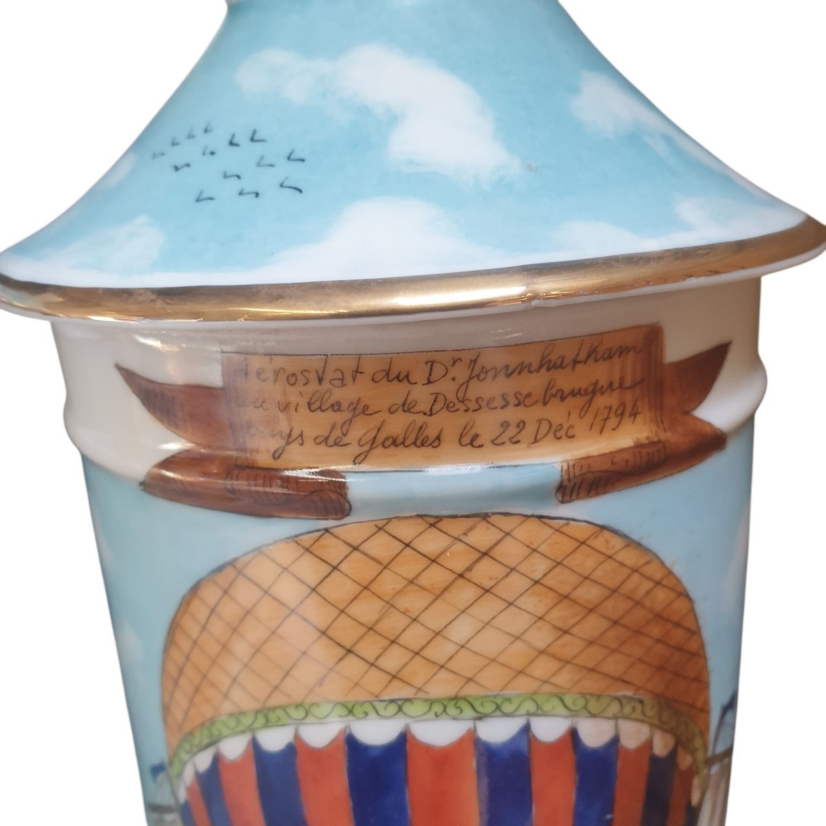 Pair Of Lidded Porcelain Jars With An Aviation History Theme Featuring Hot Air Balloons, Signed By Siquier-photo-6