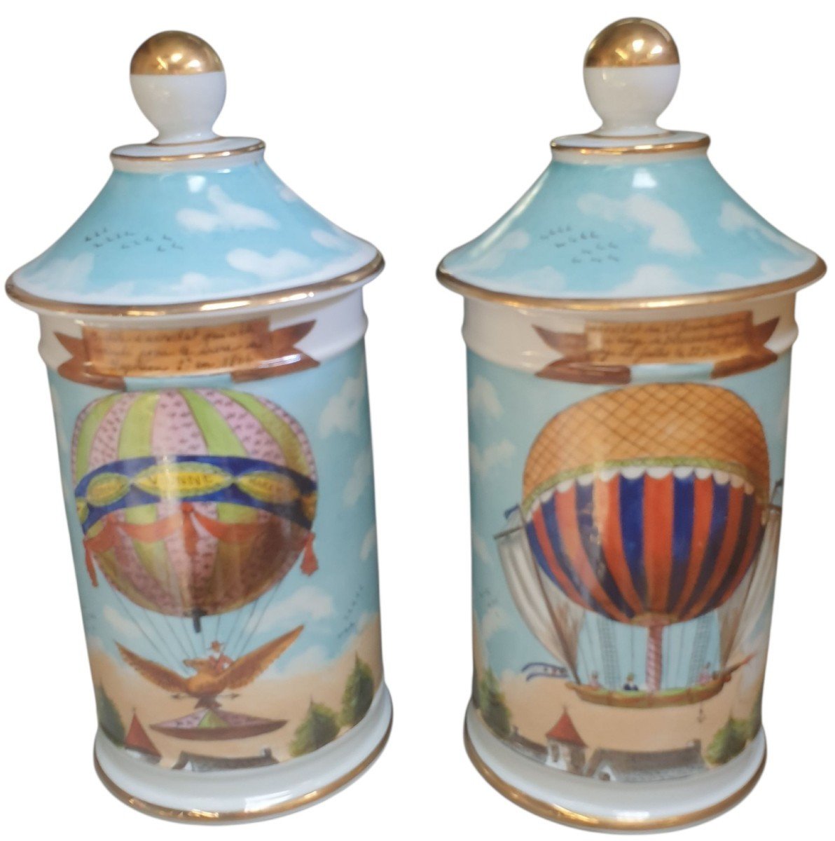 Pair Of Lidded Porcelain Jars With An Aviation History Theme Featuring Hot Air Balloons, Signed By Siquier