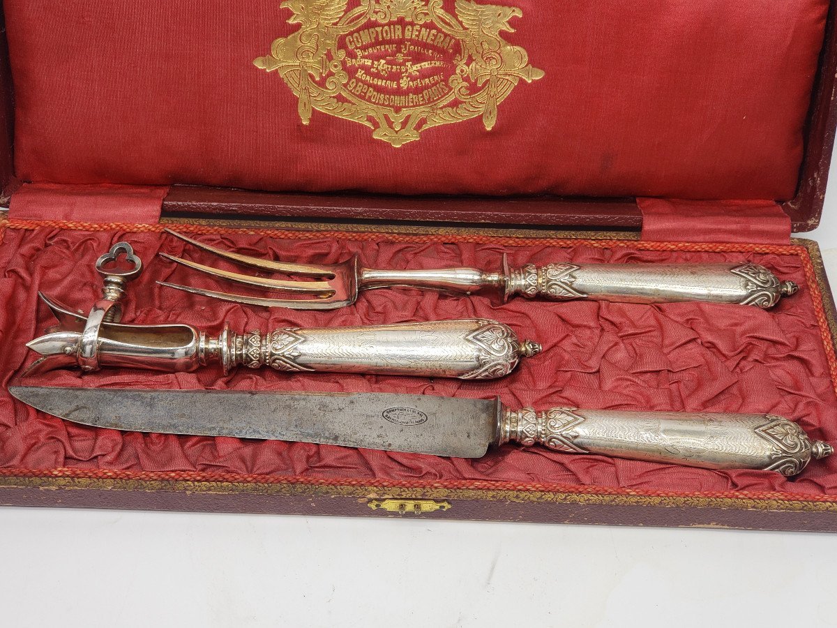 Antique 3-piece Leg Of Lamb Dinner Set, Silver-plated, With Neck Ring, Original Case, Comptoir Général De Paris-photo-2