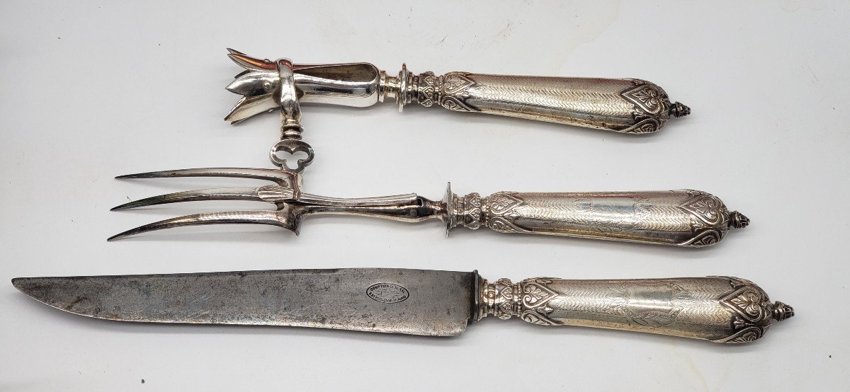 Antique 3-piece Leg Of Lamb Dinner Set, Silver-plated, With Neck Ring, Original Case, Comptoir Général De Paris-photo-3