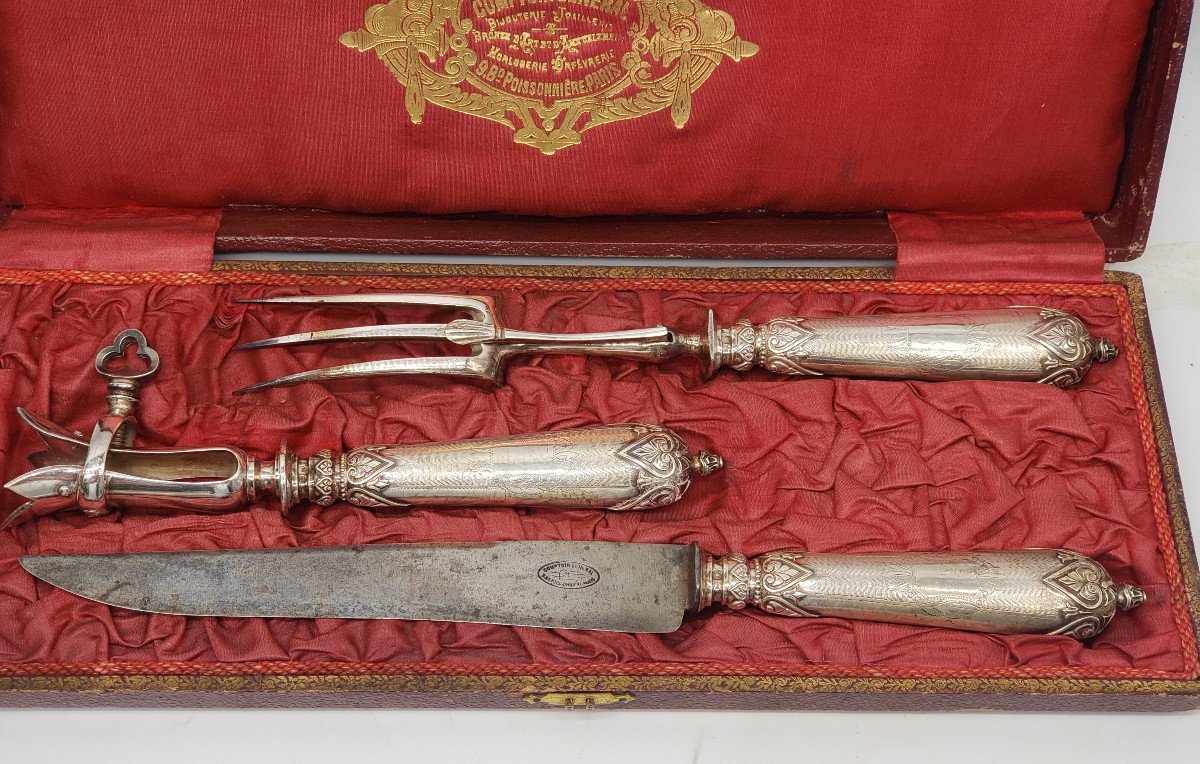 Antique 3-piece Leg Of Lamb Dinner Set, Silver-plated, With Neck Ring, Original Case, Comptoir Général De Paris-photo-4