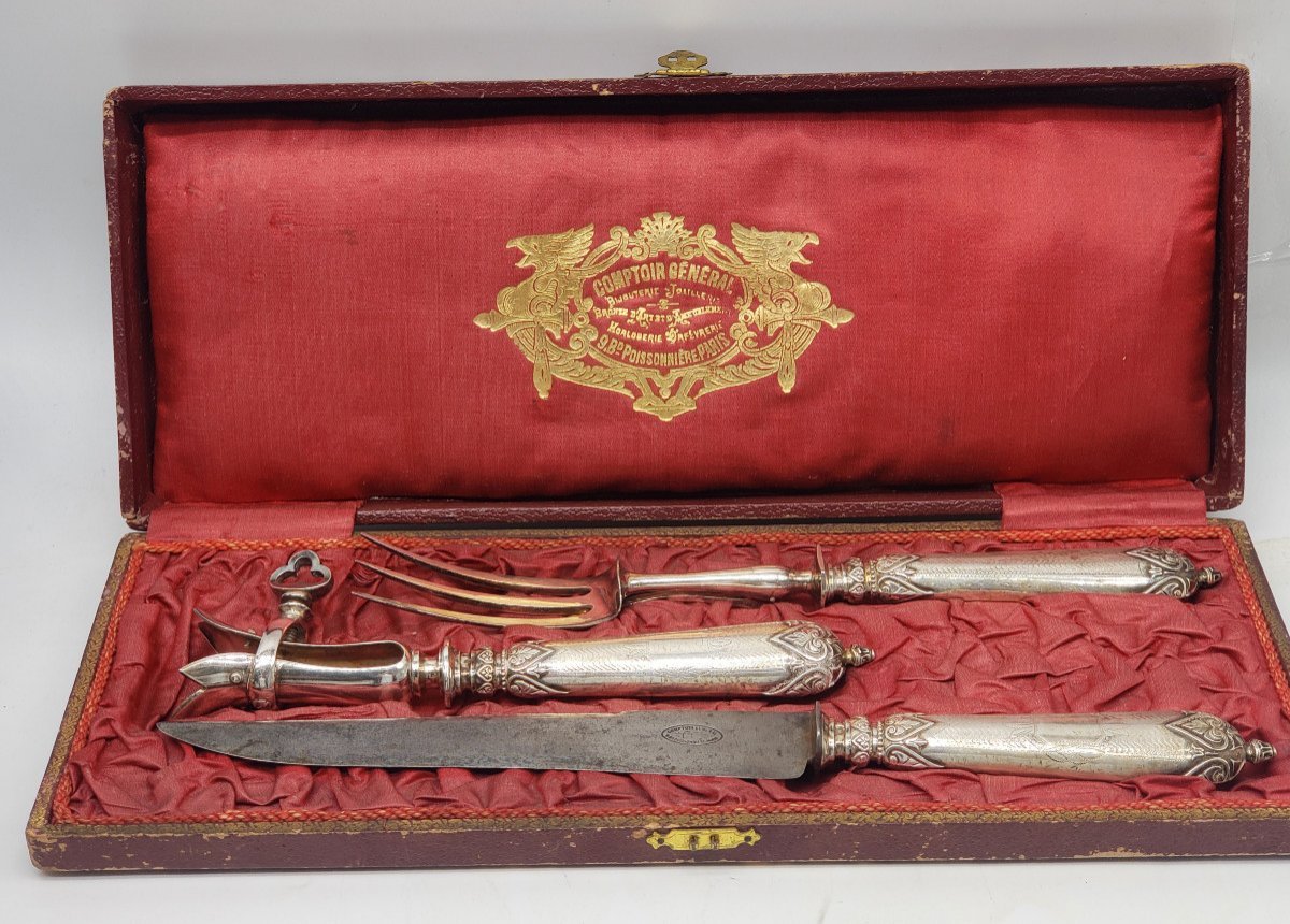 Antique 3-piece Leg Of Lamb Dinner Set, Silver-plated, With Neck Ring, Original Case, Comptoir Général De Paris
