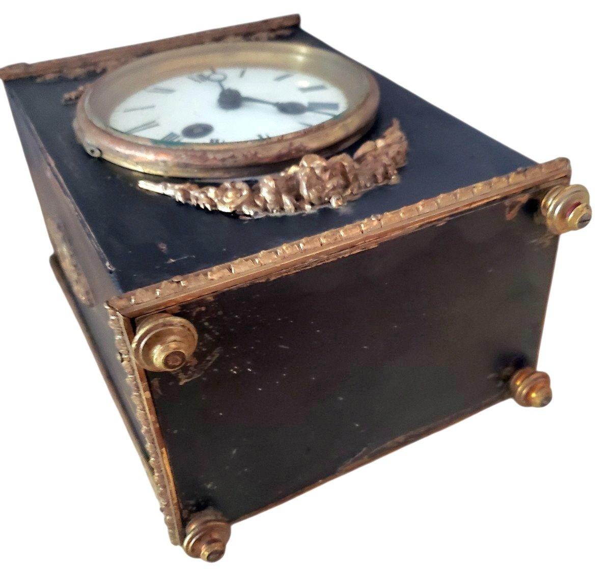 Horloge de table Pendule d'officier ancienne en bois noirci et bronzes dorés XIXe siècle-photo-2