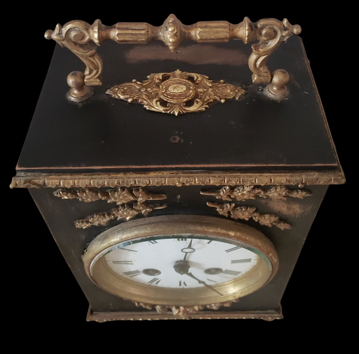 Horloge de table Pendule d'officier ancienne en bois noirci et bronzes dorés XIXe siècle-photo-5