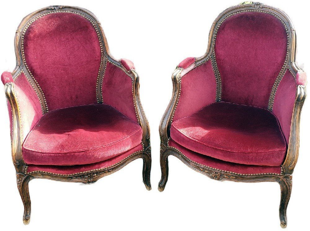 Paire de fauteuils cabriolets d'enfant style Louis XV Velours bordeaux XIXeme 