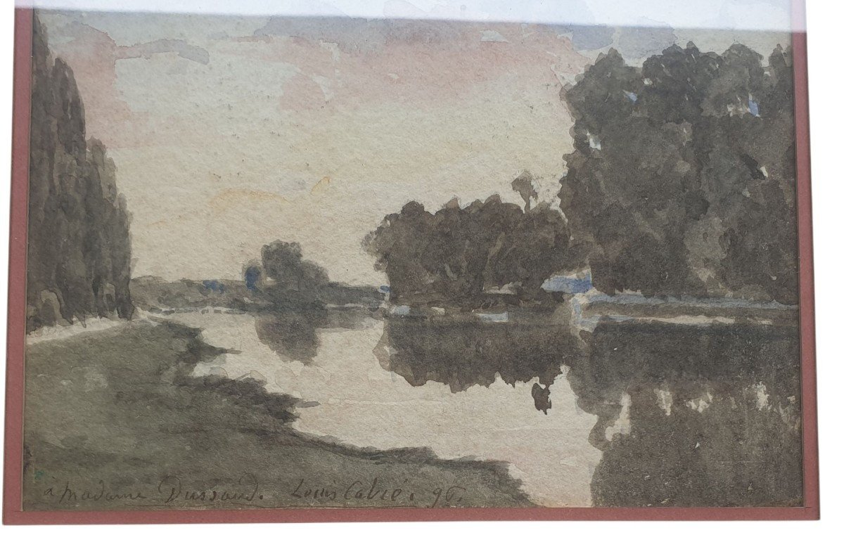 Original Watercolor By Louis Cabé (1853-1939) Landscape Of River Dated 1896-photo-3