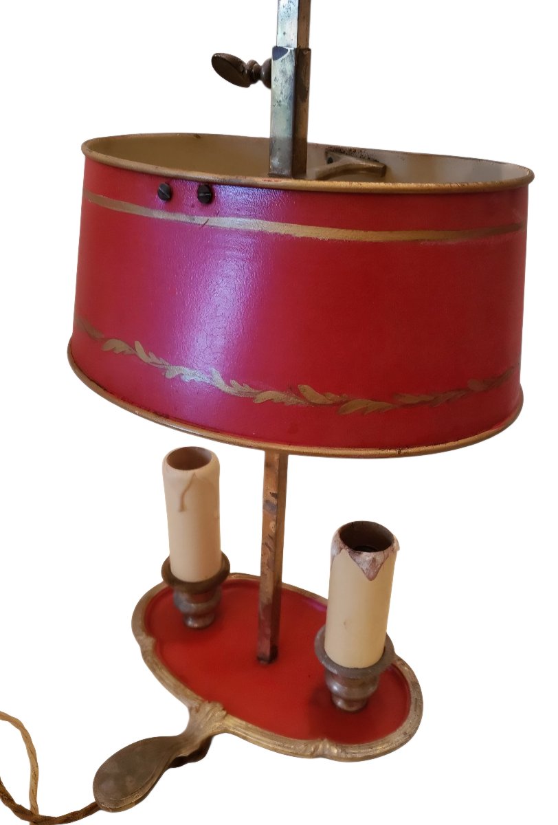  Authentic Empire/directoire-style Hot-water Bottle Lamp; Red And Bronze Painted Sheet Metal; Circa 1900  