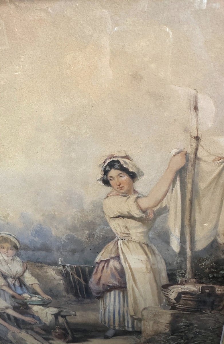 Aquarelle originale Auguste DELACROIX Les Lavandières 1809/1868-photo-2